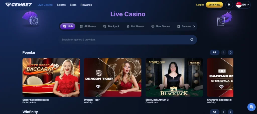 GemBet live casino lobby with professional dealers